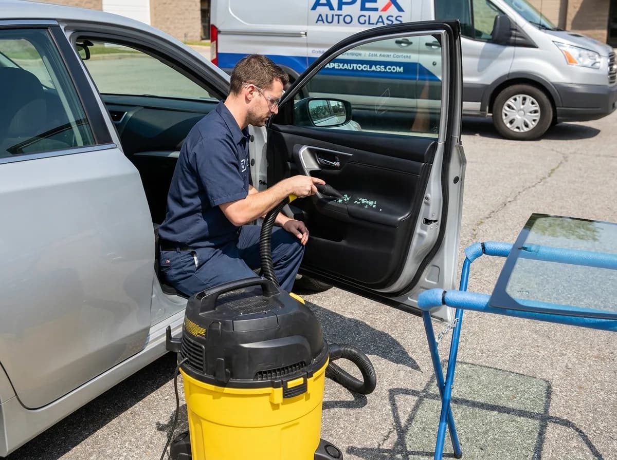 Technician vacuuming shattered tempered glass from a car door before installing new door glass