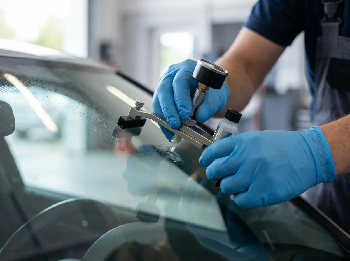 Close-up of a resin injector bridge tool repairing a stone chip in a windshield