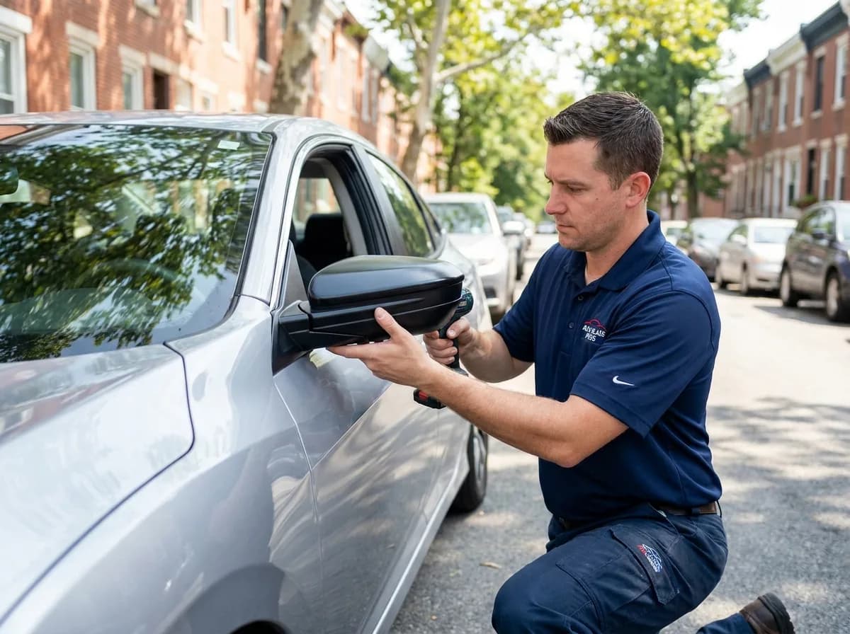 Technician installing a new side mirror assembly on a sedan on a rowhouse-lined street