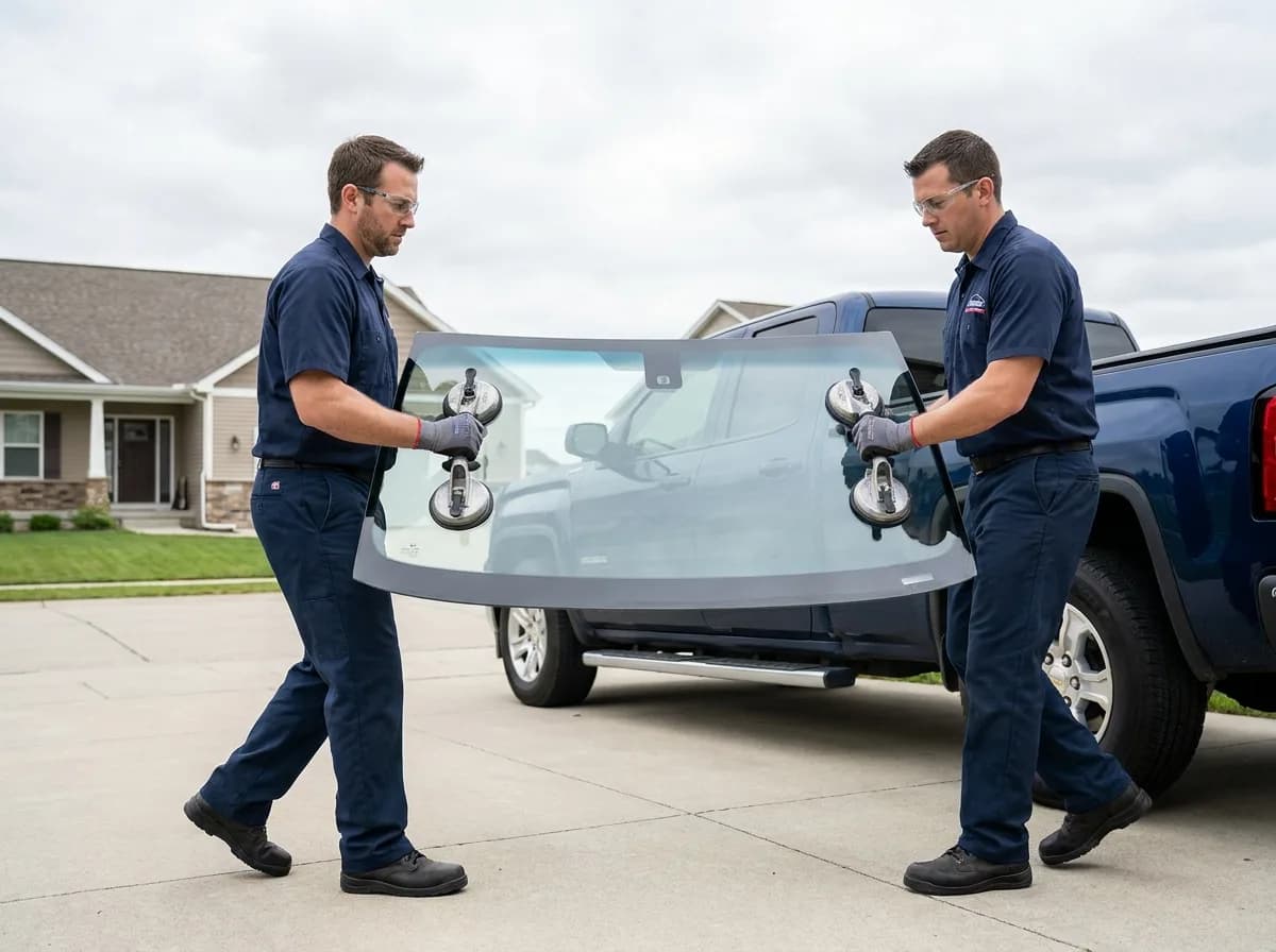 Two AutoGlass RVA technicians carefully lifting a new windshield into place